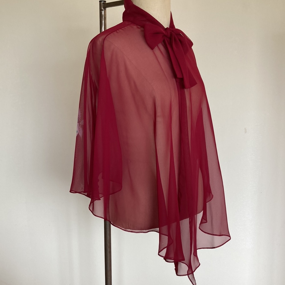 70s 2-piece set, maxi sleeveless dress and sheer floral capelet, burgundy, S - Picture 13 of 16
